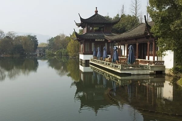 A waterside pavilion at Winding Garden at West Lake, Hangzhou, Zhejiang Province