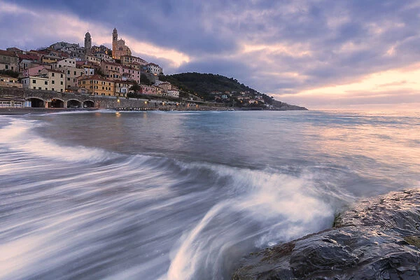 Waves on the beach of Cervo at sunrise, Cervo, Imperia province, Liguria, Italy, Europe