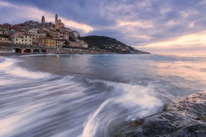 Framed Print : Waves on the beach of Cervo at sunrise, Cervo, Imperia province, Liguria, Italy, Europe Framed Print : Waves on the beach of Cervo at sunrise, Cervo, Imperia province, Liguria, Italy, Europe