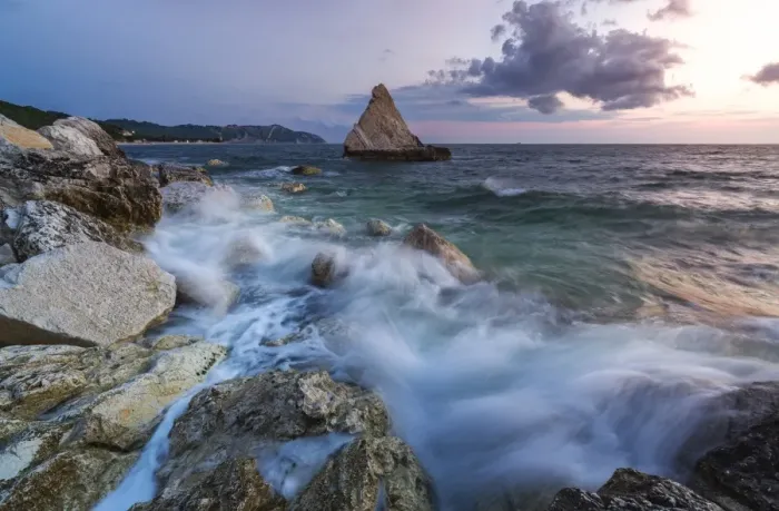 Framed Print : Waves of blue sea framed by the pink sunrise, La Vela Beach, Portonovo, province of Ancona Framed Print : Waves of blue sea framed by the pink sunrise, La Vela Beach, Portonovo, province of Ancona