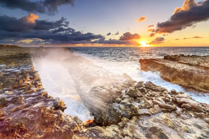 Framed Print : Waves crashing on cliffs at sunrise, Devils Bridge, Antigua, Antigua and Barbuda Framed Print : Waves crashing on cliffs at sunrise, Devils Bridge, Antigua, Antigua and Barbuda