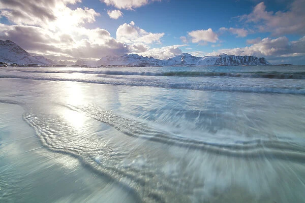 Waves of the icy sea, Ramberg, Flakstad municipality, Lofoten Islands, Nordland, Norway