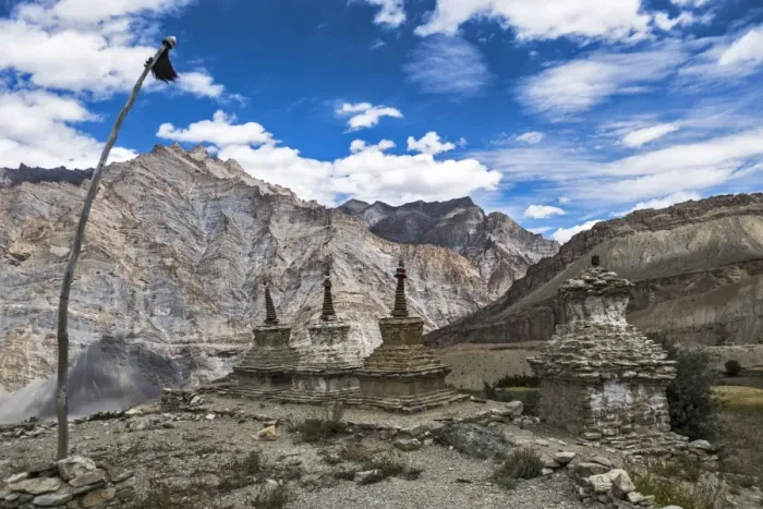 Framed Print : Weathered Buddhist chortens at Neyrak village looking over cliff, Zanskar, India Framed Print : Weathered Buddhist chortens at Neyrak village looking over cliff, Zanskar, India