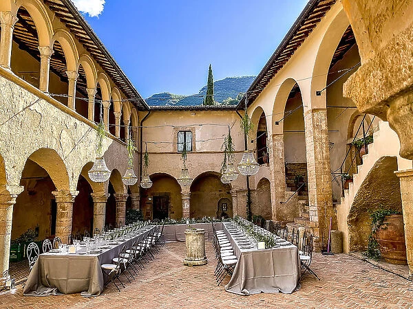 Wedding tables in San Pietro in Valle Abbey, Ferentillo, Umbria, Italy, Europe