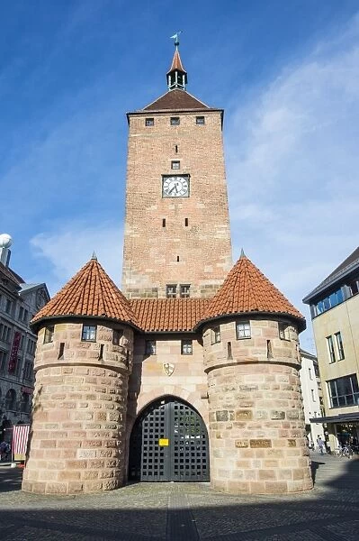 Weisser Turm (White Tower) in the pedestrian zone, Nuremberg, Bavaria, Germany, Europe