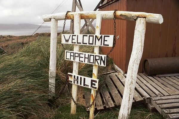 Welcome sign, Cape Horn Island, Chile, South America
