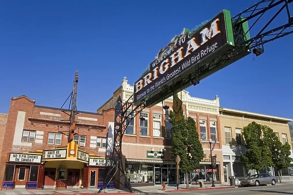 Welcome sign on historic Main Street in Brigham City, Utah, United States of America
