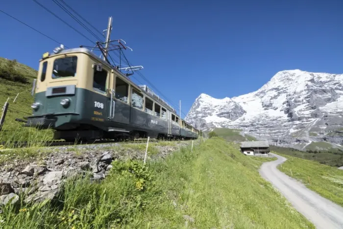 Framed Print : The Wengernalpbahn rack railway runs across meadows and snowy peaks, Wengen, Bernese Oberland Framed Print : The Wengernalpbahn rack railway runs across meadows and snowy peaks, Wengen, Bernese Oberland