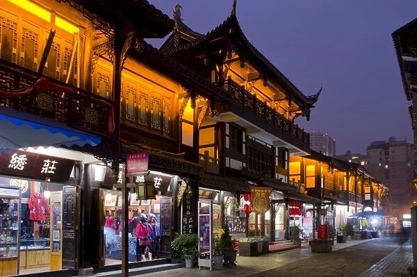 Wenshu Yuan ancient district at dusk, Chengdu, Sichuan, China, Asia