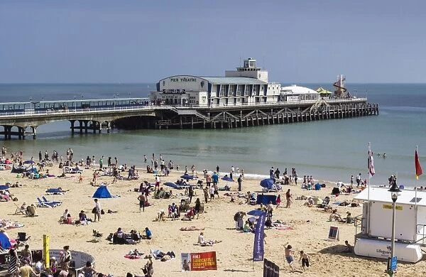 West Beach and Pier with calm sea, Bournemouth, Dorset, England, United Kingdom, Europe