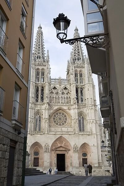 West front of Burgos cathedral, UNESCO World Heritage Site, seen from a narrow side street