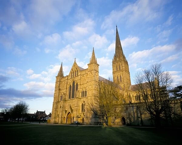 West front at dusk, Salisbury Cathedral, Wiltshire, England, United Kingdom, Europe