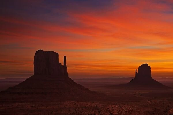 West Mitten Butte and East Mitten Butte, The Mittens at sunrise, Monument Valley Navajo Tribal Park, Arizona, United States of America, North America