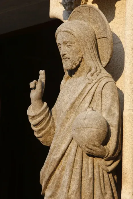 Framed Print : Western gate sculpture of the risen Christ holding the world, Saint-Corentin Cathedral