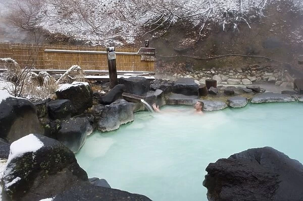 Western man bathing in Zao hot spring resort in winter, Yamagata prefecture, Japan, Asia