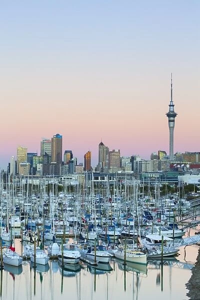 Westhaven Marina and city skyline illuminated at sunset, Waitemata Harbour, Auckland, North Island, New Zealand, Pacific