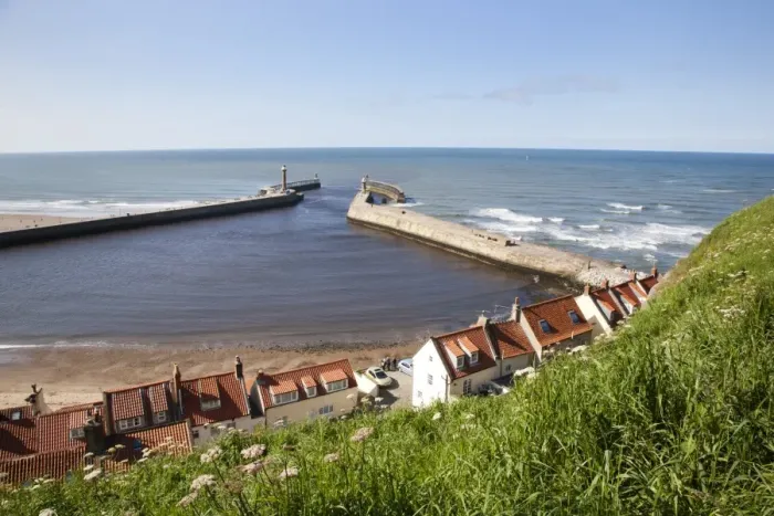 Framed Print : Whitby harbour walls and lighthouses from the clifftop, Whitby, North Yorkshire, Yorkshire, England, United Kingdom, Europe Framed Print : Whitby harbour walls and lighthouses from the clifftop, Whitby, North Yorkshire, Yorkshire, England, United Kingdom, Europe