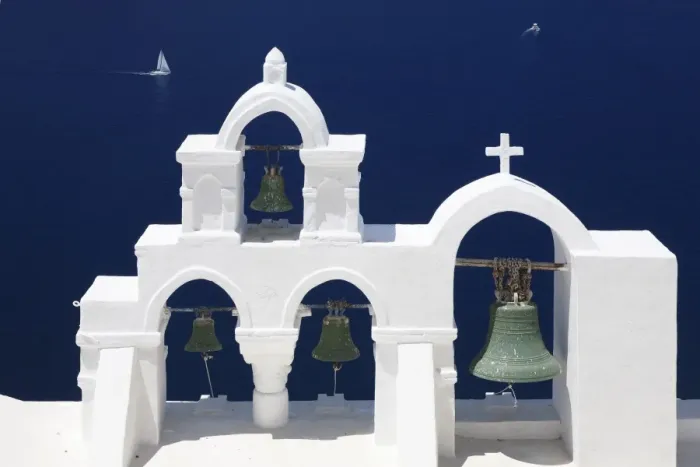 Framed Print : White bell tower and sailing boat, Oia, Santorini, Cyclades, Aegean Sea, Greek Islands, Greece, Europe Framed Print : White bell tower and sailing boat, Oia, Santorini, Cyclades, Aegean Sea, Greek Islands, Greece, Europe