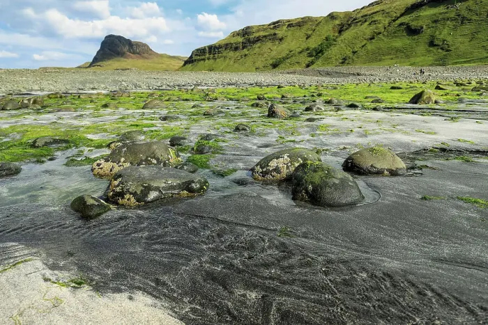 Framed Print : The white and black sand beach and estuary at Talisker with Preshal More beyond, both SSSI locations for the Tertiary basalt lava geology and biological habitats, Talisker Bay, Carbost, Skye, Inner Hebrides, Scotland, United Kingdom, Europe Framed Print : The white and black sand beach and estuary at Talisker with Preshal More beyond, both SSSI locations for the Tertiary basalt lava geology and biological habitats, Talisker Bay, Carbost, Skye, Inner Hebrides, Scotland, United Kingdom, Europe