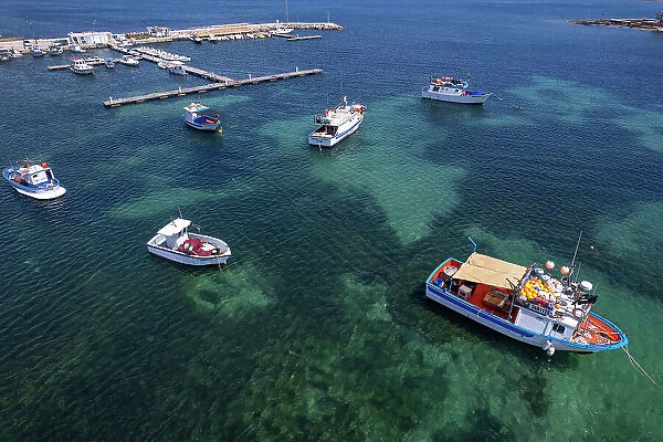 White and blue fishing boats in the water of Marzamemi harbour, Pachino municipality, Siracusa province, Sicily, Italy, Mediterranean, Europe