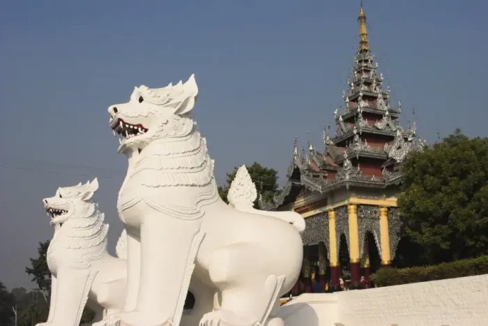 Framed Print : White carved lions guard entrance to Mandalay Hill, Mandalay, Myanmar (Burma), Asia Framed Print : White carved lions guard entrance to Mandalay Hill, Mandalay, Myanmar (Burma), Asia