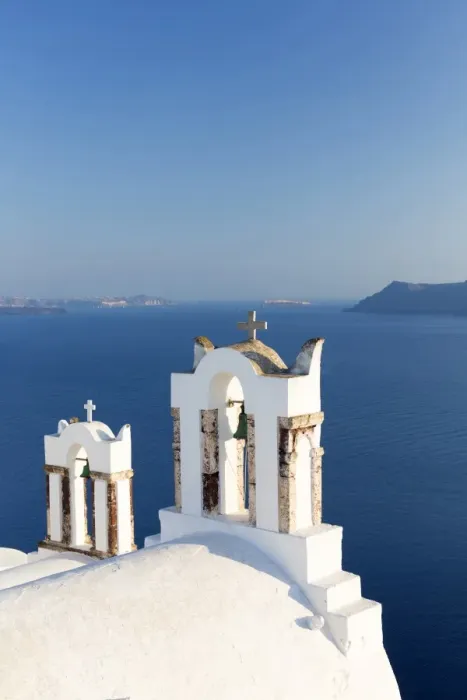 Framed Print : White church belltowers overlooking the Caldera, Oia, Santorini, Cyclades, Greek Islands Framed Print : White church belltowers overlooking the Caldera, Oia, Santorini, Cyclades, Greek Islands