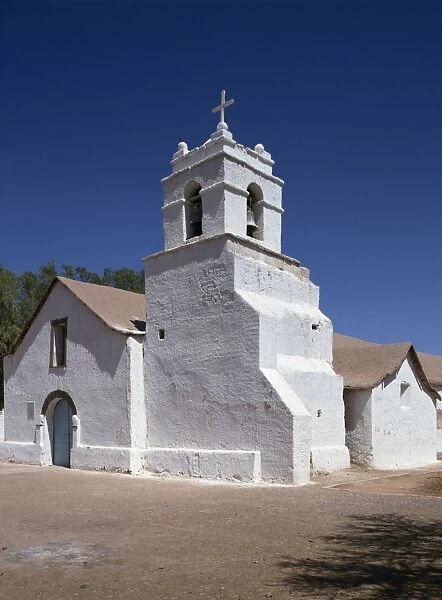 White church at San Pedro Oasis in the Atacama Desert, Chile, South America