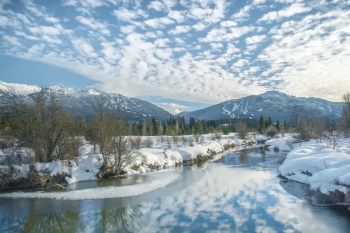 Framed Print : White clouds reflect over the River of Golden Dreams in Whistler, British Columbia Framed Print : White clouds reflect over the River of Golden Dreams in Whistler, British Columbia