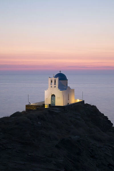 White Greek Orthodox chapel of Eftamartyres on headland, Kastro, Sifnos, Cyclades