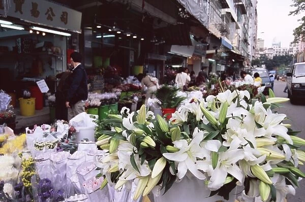 White lilies, flower market, Mong Kok, Kowloon, Hong Kong, China, Asia