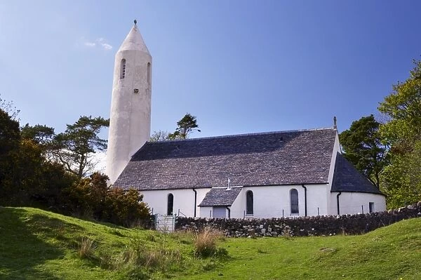 White round tower church at Dervaig, Isle of Mull, Inner Hebrides, Scotland