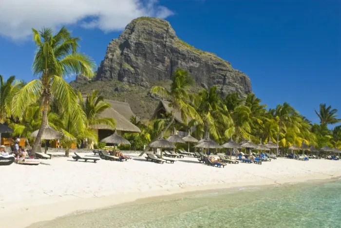 Framed Print : White sand beach of the five star hotel Le Paradis, with Le Morne Brabant in the background Framed Print : White sand beach of the five star hotel Le Paradis, with Le Morne Brabant in the background