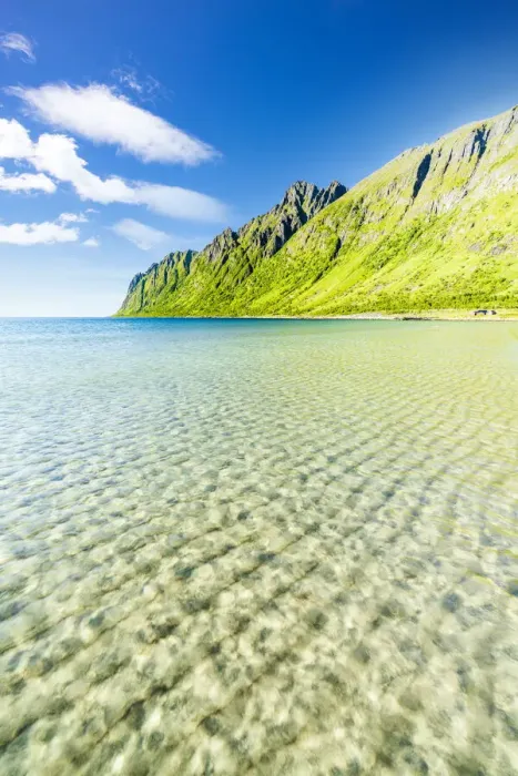 Framed Print : White sand washed by turquoise clear sea with mountains on background, Ersfjord beach Framed Print : White sand washed by turquoise clear sea with mountains on background, Ersfjord beach