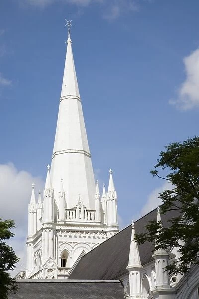 White steeple, pinnacles and roof of St