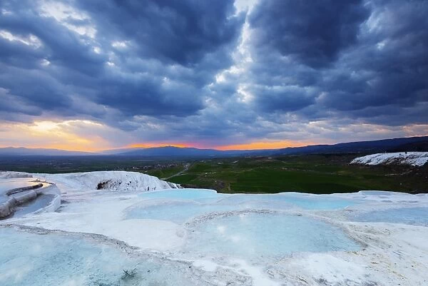 White travertine basins at sunset, Pamukkale, UNESCO World Heritage Site, Western Anatolia