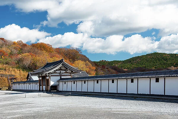 White walls of a Buddhist temple in autumn landscape, Osorezan Bodaiji Temple, Mutsu, Aomori prefecture, Honshu, Japan, Asia