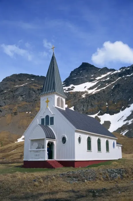 Framed Print : White wooden church with spire at Grytviken on South Georgia Framed Print : White wooden church with spire at Grytviken on South Georgia