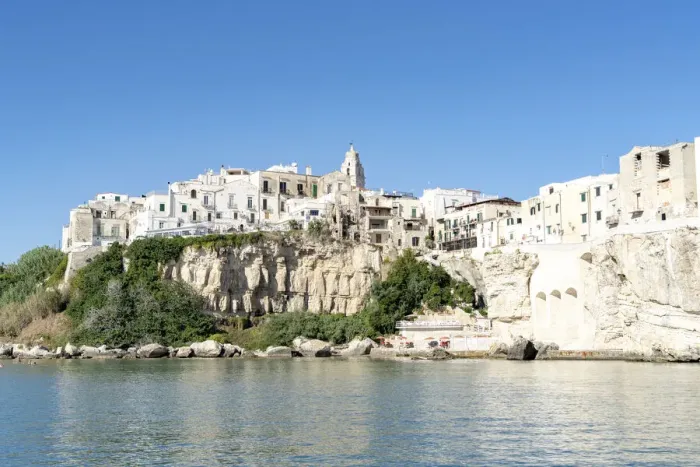 Framed Print : Whitewashed houses and San Francesco church on cliffs, Vieste, Foggia province Framed Print : Whitewashed houses and San Francesco church on cliffs, Vieste, Foggia province