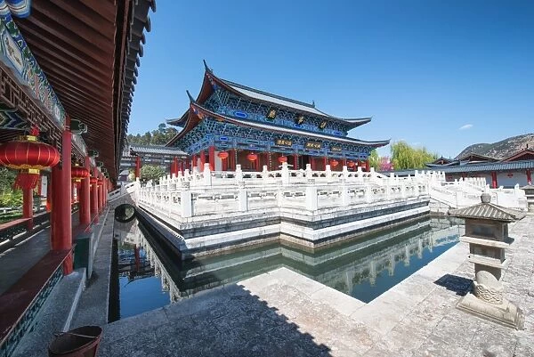 Wide angle image of one of the colorful main buildings at Mufu complex in Lijiang, Yunnan, China, Asia