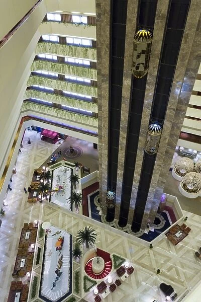 Wide angle view of the interior of a hotel, Doha, Qatar, Middle East