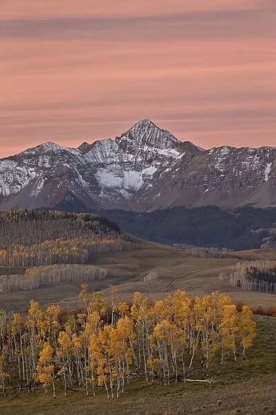 Wilson Peak at dawn with a dusting of snow in the fall, Uncompahgre National Forest, Colorado, United States of America, North America