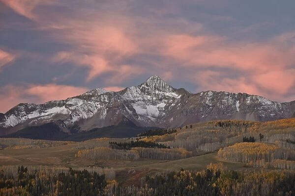 Wilson Peak at dawn in the fall, Uncompahgre National Forest, Colorado, United States of America, North America