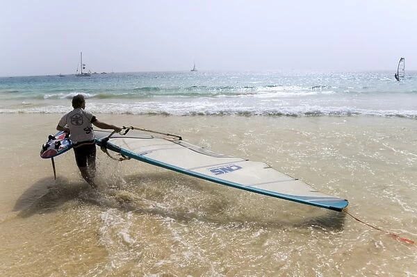 Wind surfing at Santa Maria on the island of Sal (Salt), Cape Verde Islands, Africa
