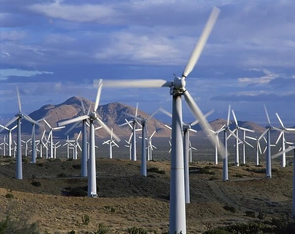 Wind turbines producing electricity on a wind farm in California, United States of America
