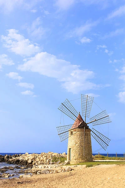 Windmill, Baia dei Mulini, Trapani, Sicily, Italy, Mediterranean, Europe