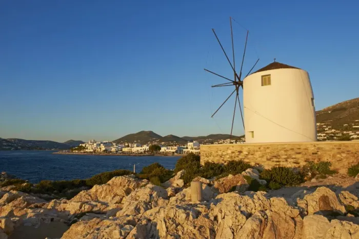 Framed Print : Windmill near the harbour, Parikia (Hora), Paros Island, Cyclades, Greek Islands