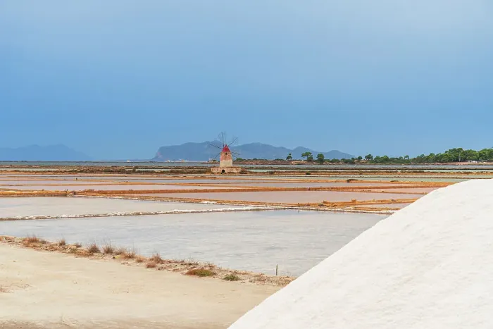 Framed Print : Windmill with pile of salt in the salt flats, Saline Ettore e Infersa, Marsala, province of Trapani, Sicily, Italy, Mediterranean, Europe