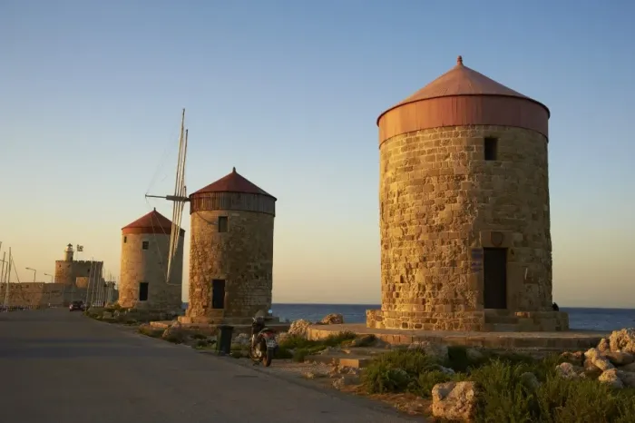 Framed Print : Windmills and Agios Nikolaos, Rhodes City, Rhodes, Dodecanese, Greek Islands, Greece, Europe