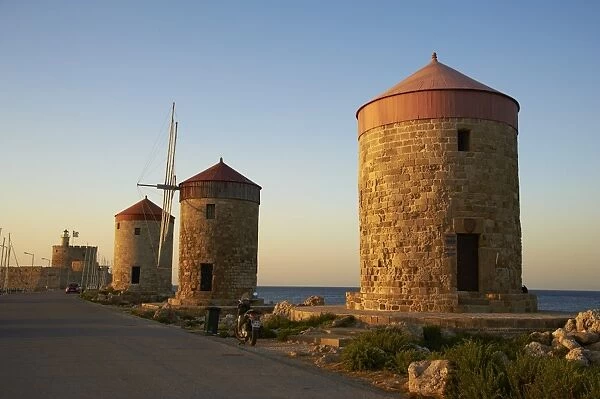 Windmills and Agios Nikolaos, Rhodes City, Rhodes, Dodecanese, Greek Islands, Greece, Europe