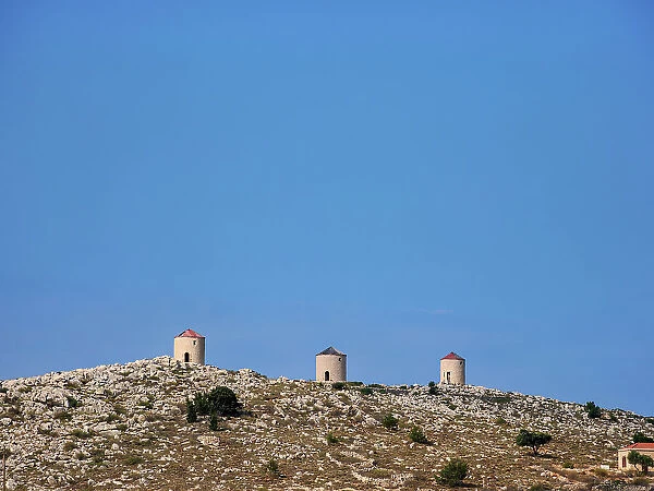 Windmills at Chalki Village, Emporio, Halki Island, Dodecanese, Greek Islands, Greece, Europe